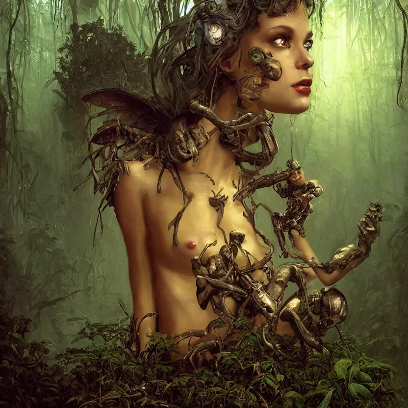Prompt: a close - up dark sci - fi fantasy portrait of a angelic alien nymph girl overgrown with silver mushrooms in a jungle. reflective textures. glowing fog in the background. highly detailed science fiction painting by norman rockwell, frank frazetta, and syd mead. rich colors, high contrast, gloomy atmosphere, dark background. trending on artstation