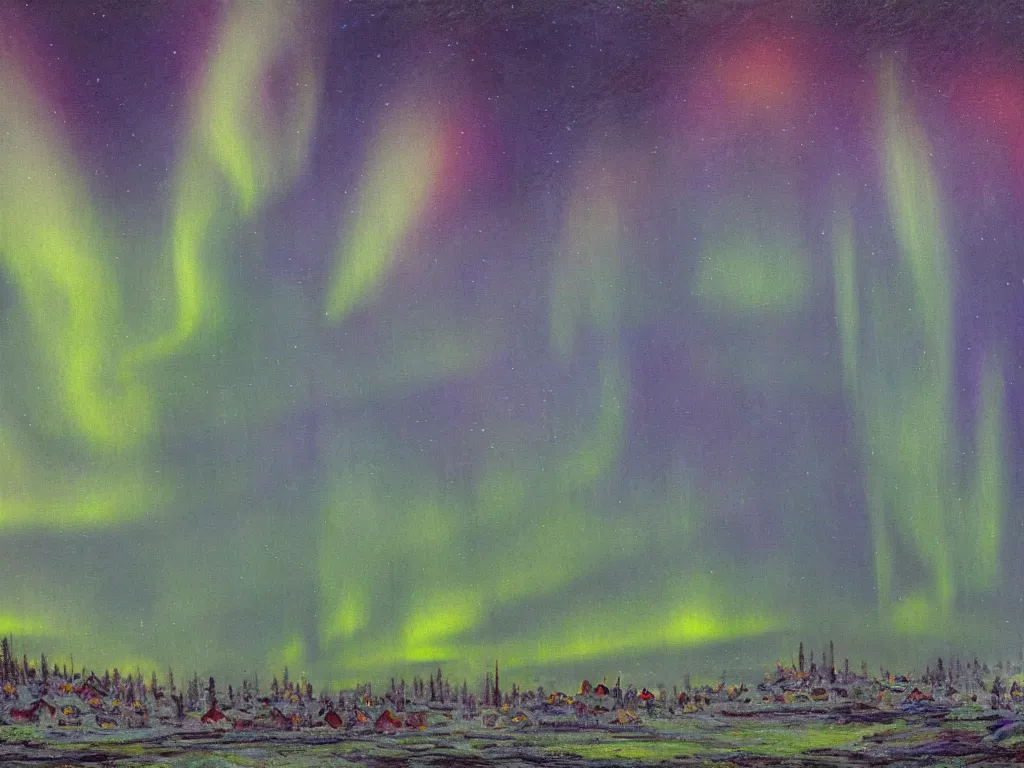 Prompt: beautiful northern lights over an arctic village, matte painting, trending on artstation, oil on canvas, digital art, in the style of claude monet