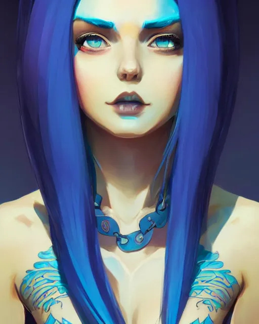 Image similar to beautiful female blue hair tattoo symmetrical face eyes full length fantasy art Video game icon, 2d game art gta5 cover , official fanart behance hd artstation by Jesper Ejsing, by RHADS, Makoto Shinkai and Lois van baarle, ilya kuvshinov, rossdraws