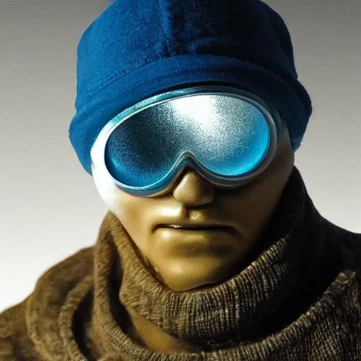 Prompt: Concept Art cyberpunk Invisible man in blue hat and Inuit glass. By Hiromasa Ogura in Gost in the Shell style, Cyan Gold blank light, very detailed, 32K, Golden Ratio