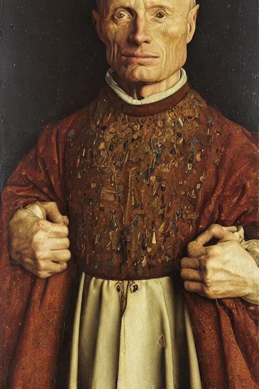 Image similar to portrait of ed harris, oil painting by jan van eyck, northern renaissance art, oil on canvas, wet - on - wet technique, realistic, expressive emotions, intricate textures, illusionistic detail