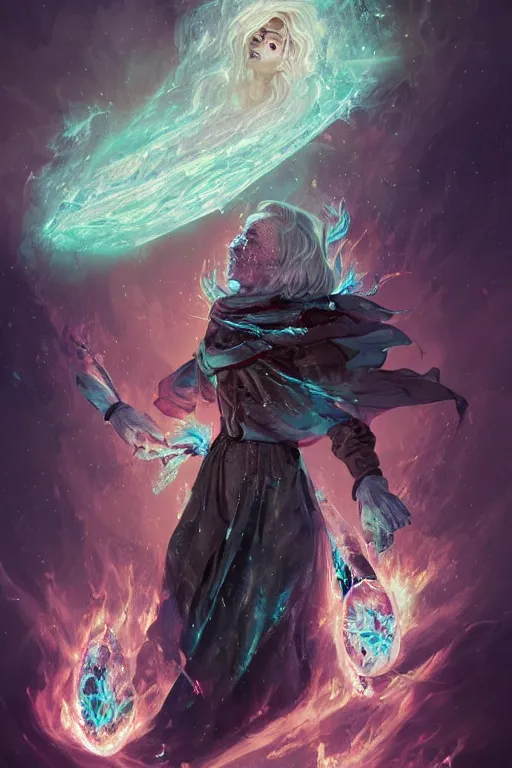 Image similar to frozen elderly person, necromancer, witch - doctor covered with ice exploding into fire, electricity highly detailed, high contrast, light reflection, trippy, nebula, trending on artstation by artgem, by peter mohrbacher, by wlop, by ruan jia