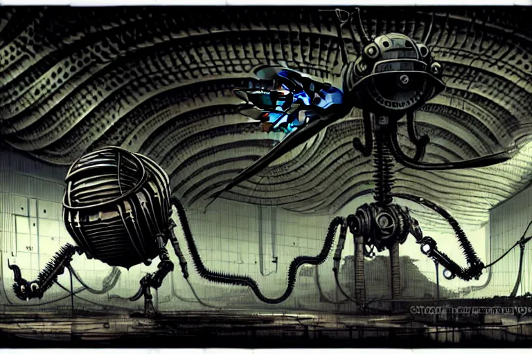 Image similar to dieselpunk huge robotic dragonfly, inside an gigantic underground concrete doom hangar, interior structure, drains, storm drains, jungle, vines, algea, cables, panels, walls, ceiling, floor, doors, brutalist architecture, intricate ink drawing, highly detailed in the style of Ashley Wood, moebius and Tsutomu Nihei, photorealistic, cinematic, intricate detail, well lit,