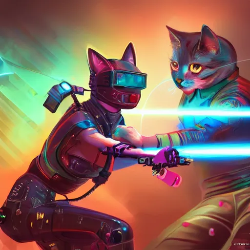 Image similar to cute modern cyberpunk cat fighting with a laser sword, full body, artstation, highly detailed, colorfull, digital painting, deep focus, sharp, smooth, rossdraws, dinamic lighthing, cinematic, hd wallpaper