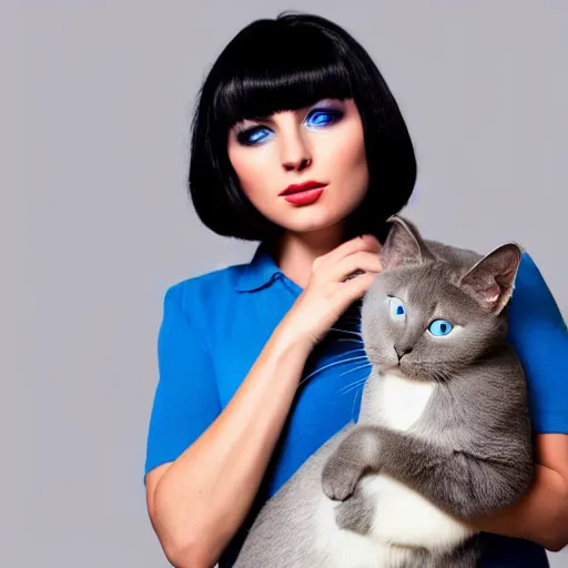 Prompt: A beautiful woman with blue short hair with bangs holding a grey and white cat, full body portrait, highly detailed, excellent composition, dramatic lighting, realistic 4k