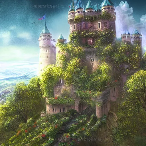 Image similar to a castle on a tall mountain above the clouds that have a lot of plants and vines on it which makes it look old, digital art, fantasy, beautiful, day, detailed