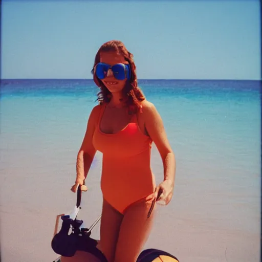 Prompt: A sad woman wearing an inflatable smiley to the beach, 1980, color film expired film, aged photo