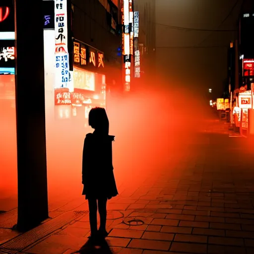 Image similar to a dramatic colorful fujifilm photograph of a young japanese girl\'s silhouette standing in the middle of a tranquil nighttime tokyo street. neon signs light the fog with volumetric rays.