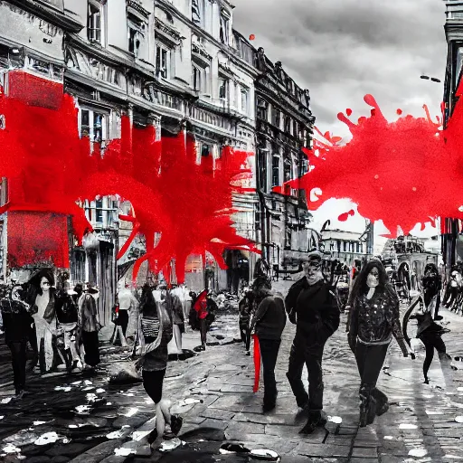 Image similar to A British European City with cars and people roaming inside of the city, certain aspects of the background are lens blurred, splatters of red and red paint circle significant parts of the city, blots of red paint, some of the people are even painted red, black and white photograph painting, real life, realistic, hyperrealistic, very realistic, photo photograph, photo, photograph, painting, oil painting, ultra realistic, very detailed, extremely detailed, highly detailed, HD Quality, 4k resolution, 8k resolution, trending on artstation, in the style of an Album Cover, cool, epic, nostalgic, intricate details