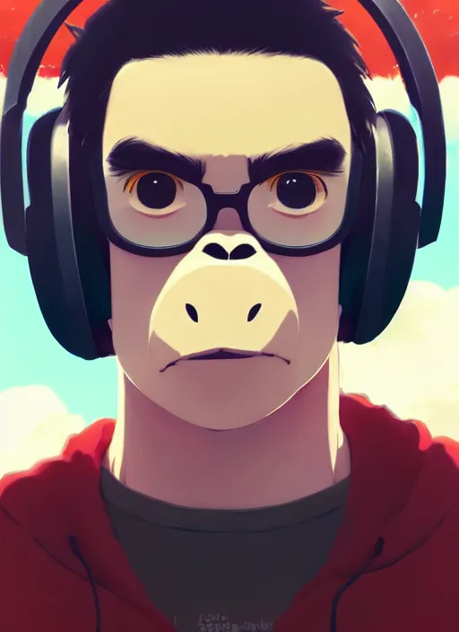 Image similar to portrait of gorilla, sunny sky background, lush landscape, illustration concept art anime key visual trending pixiv fanbox by wlop and greg rutkowski and makoto shinkai and studio ghibli and kyoto animation, symmetrical facial features, black t shit, red headphones, ripped jeans, backlit, aerodynamic frame, gta 5