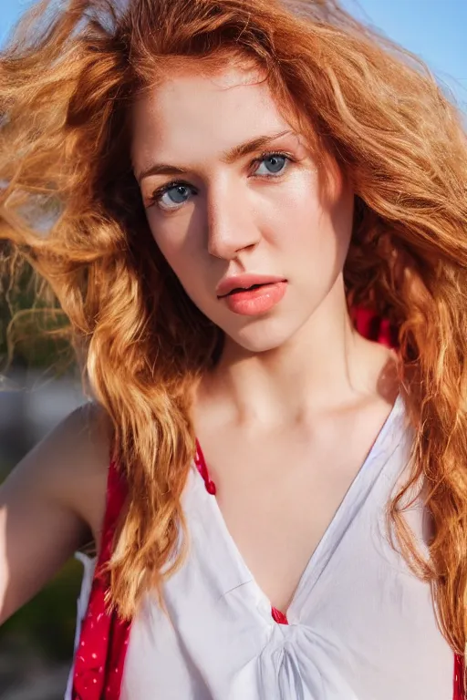 Prompt: olive skinned strawberry blonde female model in her twenties, wearing a v - neck blouse, looking content, focused on her neck, photo realistic, extreme detail skin, natural beauty, no filter, slr, golden hour, 4 k, high definition, selfie