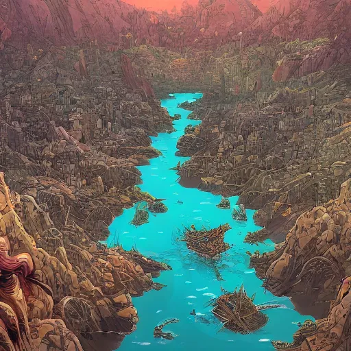 Image similar to cell shaded adult animation, a birds eye view overlooking a walled off ancient fantasy city being attacked by horrific monsters, surrounded by mountains and trees of greens and browns, rivers, concept art by josan gonzales and wlop, Laurie Greasley, Jordan Grimmer, Beksiński and james jean, highly detailed, sharp focus, Trending on Artstation, HQ, deviantart, art by artgem