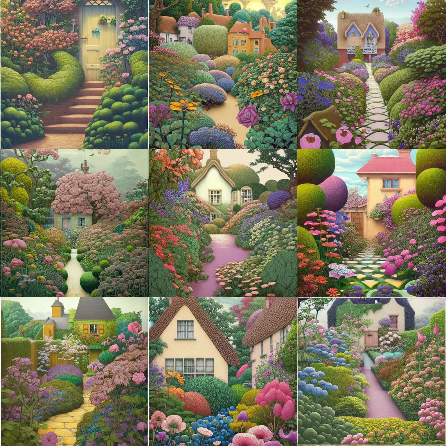 Prompt: a gorgeous, fantastic, cottage garden by michael kidd, escher, victo ngai, thomas kincade, trending on artstation, artgerm, acrylic on canvas,!! muted colors!!,!! low contrast!!