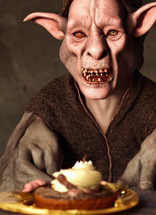 Image similar to closeup portrait of a medieval goblin eating cakes, depth of field, zeiss lens, detailed, symmetrical, centered, fashion photoshoot, by Annie Leibovitz and Steve McCurry, David Lazar, Jimmy Nelsson, Breathtaking, 8k resolution, extremely detailed, beautiful, establishing shot, artistic, hyperrealistic, beautiful face, octane render