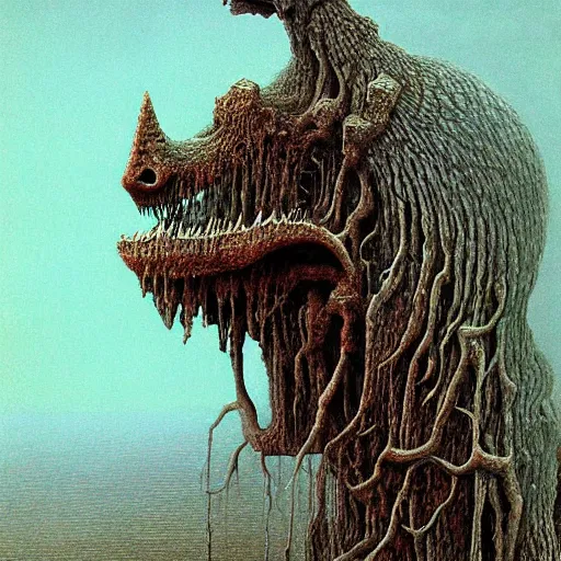 Prompt: a benevolent monster by Zdzislaw Beksinski