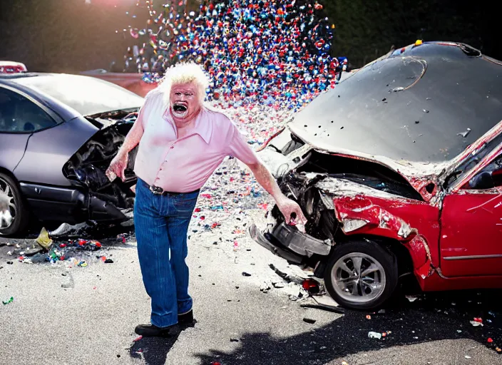 Image similar to photo still of rip taylor at a car accident scene!!!!!!!! at age 5 4 years old 5 4 years of age!!!!!!! throwing confetti from a bucket, 8 k, 8 5 mm f 1. 8, studio lighting, rim light, right side key light