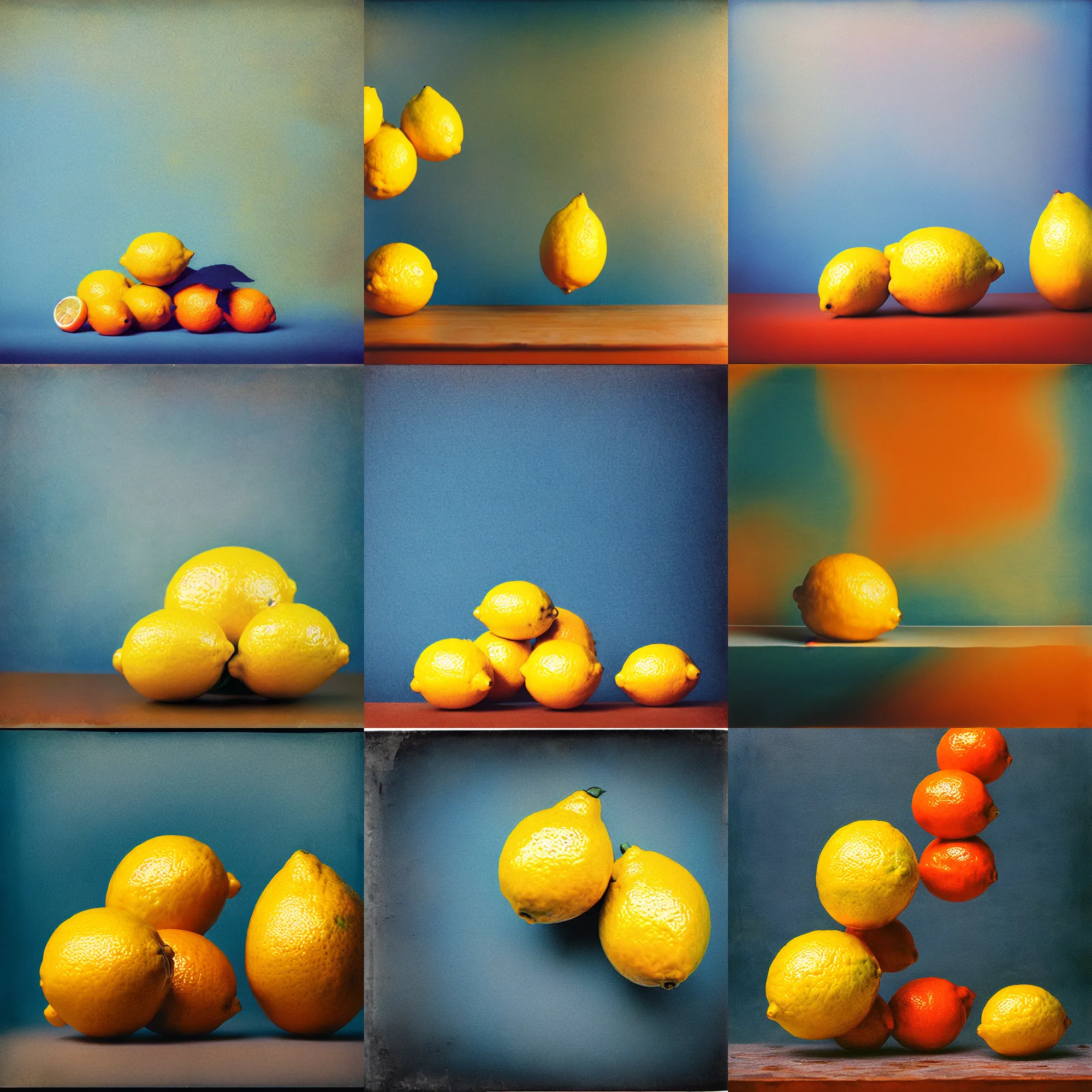 Prompt: kodak portra 4 0 0, wetplate, motion blur, still life photo of a backdrop, lemon, coloured in blueberra and orange, by britt marling, muted colours