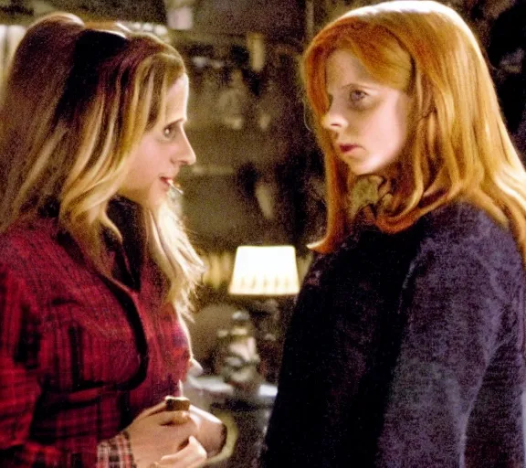 Prompt: a movie still of sarah gellar as buffy speaking to ron weasley in the movie harry potter