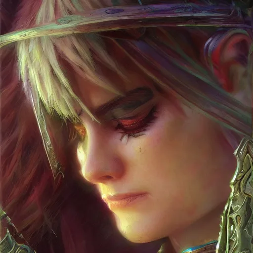 Prompt: ! dream night elf warden world of warcraft fantasy character portrait, close up, wide angle, ultra realistic, intricate details, the river girl weeps with sorrow and profound loss, highly detailed, abstract art piece by gaston bussiere, craig mullins, j. c. leyendecker