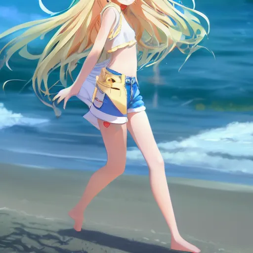 Image similar to a very beautiful anime girl, full body, long golden hair, sky blue eyes, full round face, short smile, short jeans, cute top, beach setting, cinematic lighting, medium shot, mid-shot, highly detailed, trending on Artstation, Unreal Engine 4k, cinematic wallpaper by Stanley Artgerm Lau, WLOP, Rossdraws, James Jean, Andrei Riabovitchev, Marc Simonetti, and Sakimichan