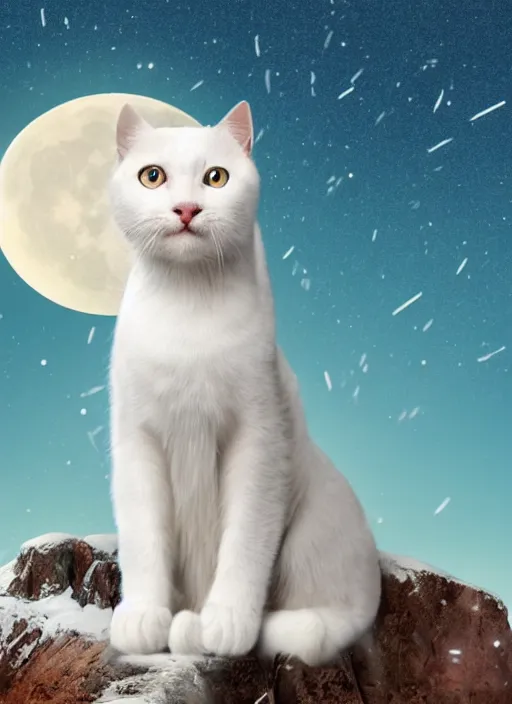 Image similar to giant little white cat on a snowy mountain with lightning coming out of its paws, blue sky background with moon