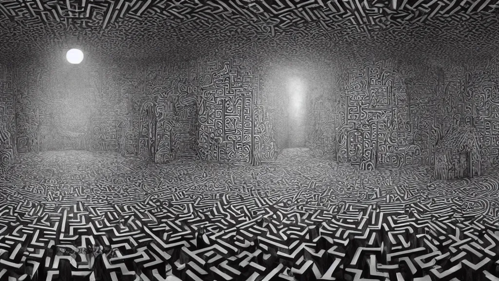 Image similar to a beautiful hyper realistic detailed matte painting of a maze where the walls create the shape of a mad owl, dramatic lighting, dynamic lighting, cinematic lighting, dynamic lighting, cinematic lighting, lit by morning light, by maurits cornelis escher, black and white, featured on artstation, ultrawide angle