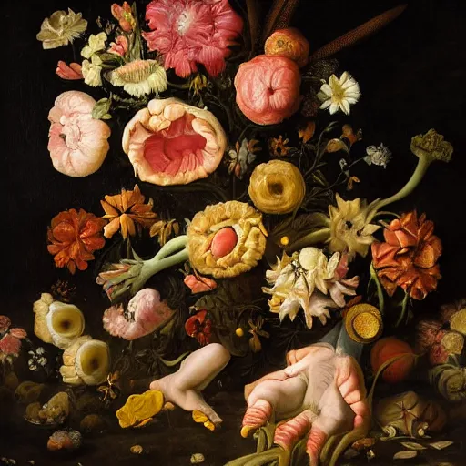 Prompt: disgusting disturbing dutch golden age bizarre floral still life with many human toes sprouting up everywhere by rachel ruysch black background chiaroscuro beautiful dramatic lighting perfect composition high definition 8 k 1 0 8 0 p