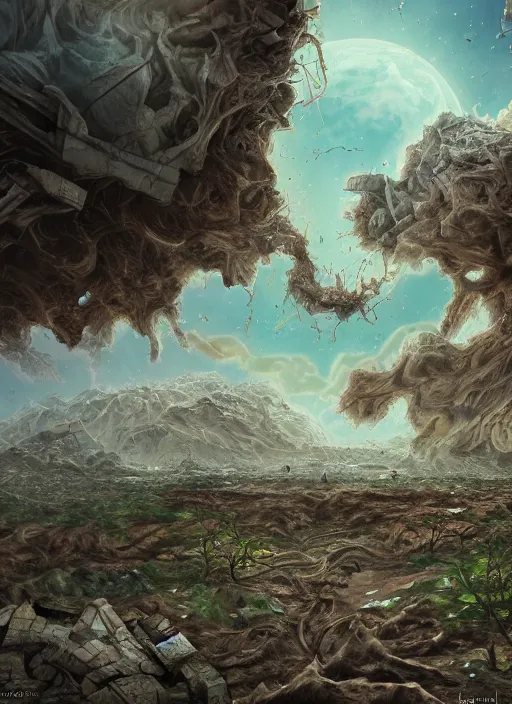 Image similar to destroyed earth held by two hands, digital art, trending on art station, very detailed, detailed background