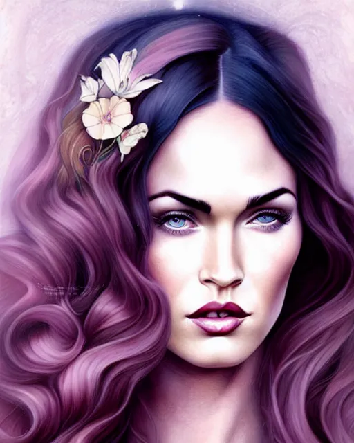 Prompt: new art nouveau portrait of megan fox in the style of anna dittmann and charlie bowater and loish. long windblown hair, very large, clear, expressive, and intelligent eyes. symmetrical, centered, ultrasharp focus, dramatic lighting, photorealistic digital matte painting, intricate ultra detailed background.