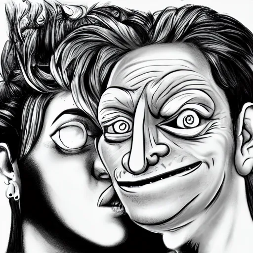 Image similar to a realistic portrait of fry and lila from futurama in the style of h. r. giger