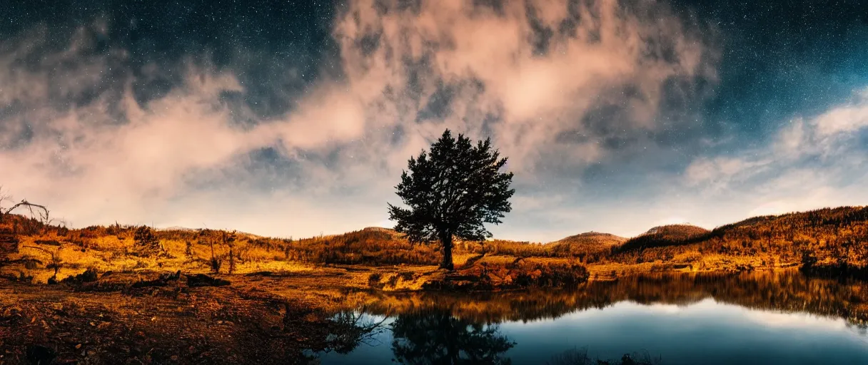 Image similar to Tree, mountains, river, landscape, photo, universe in the sky, cinematic lighting, 4k, wide angle, warm tones, Earth, wind, reflections