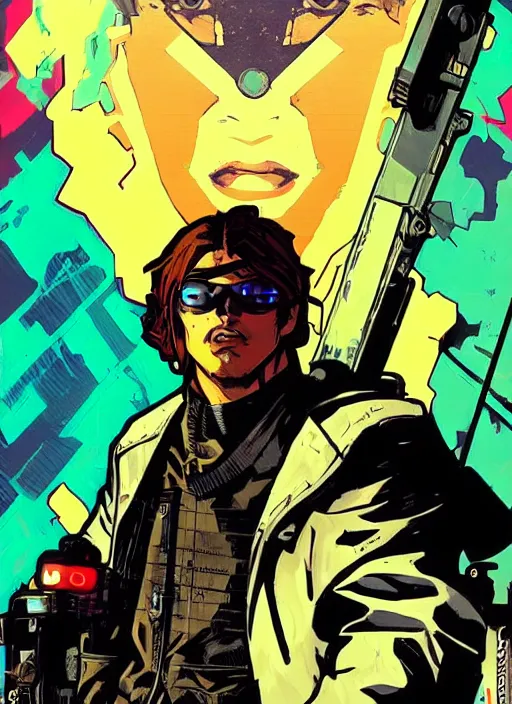 Image similar to hector. cyberpunk mercenary with scenic background. portrait illustration, pop art, art by ashley wood, alphonse mucha, laurie greasley and josan gonzales. cinematic. beautiful lighting.