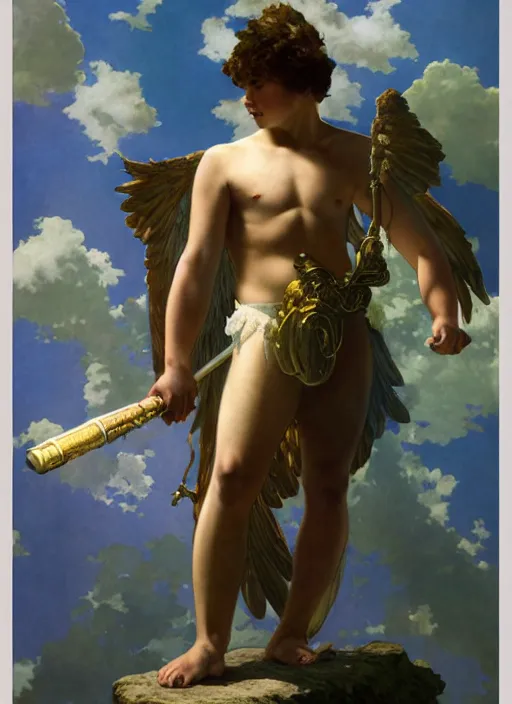 Prompt: digital character concept art by maxfield parrish and artgerm and greg rutkowski and alphonse mucha. portrait of a young 1 3 year old boy, a young god, icarus with mechanical bird wings, beautiful, holding a staff, detailed, poster art, light effect, glowing, hyper detail, intricate, elegant, digital painting, artstation, smooth, sharp focus