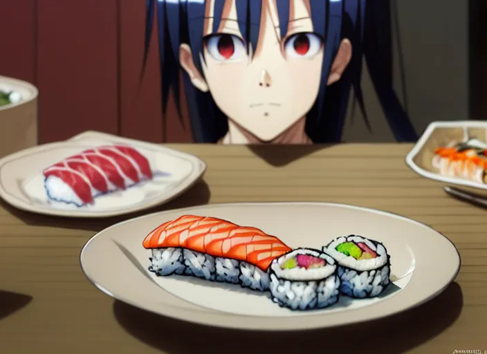 Image similar to a film still portrait of a plate with different kinds of sushi, finely detailed features, closeup at the food, perfect art, at a dinner table, gapmoe yandere grimdark, trending on pixiv fanbox, painted by greg rutkowski makoto shinkai takashi takeuchi studio ghibli, akihiko yoshida