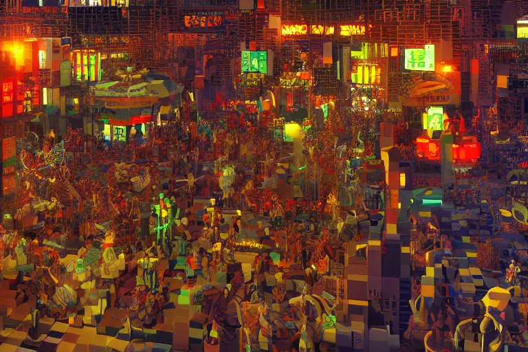 Prompt: Carnival, very highly detailed face's and body's. Voxel art by Caravaggio, cyan dimensional light, Details by Caravaggio, Cyberpunk city as Background by Hiromasa Ogura