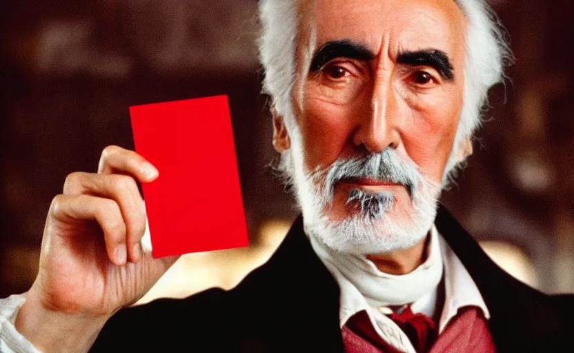 Image similar to movie still close-up portrait of Christopher Lee as a Victorian inventor proudly holding a small red plastic perforated card, by David Bailey, Cinestill 800t 50mm eastmancolor, heavy grainy picture, very detailed, high quality, 4k, HD criterion, precise texture and facial expression