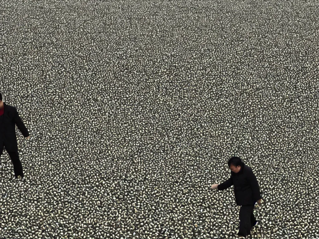 Prompt: ' the center of the world'( ai weiwei huge field of sunflower seeds black and white shells stretching into the distance ) was filmed in beijing in april 2 0 1 3 depicting a white collar office worker. a man in his early thirties - the first single - child - generation in china. representing a new image of an idealized urban successful booming china.