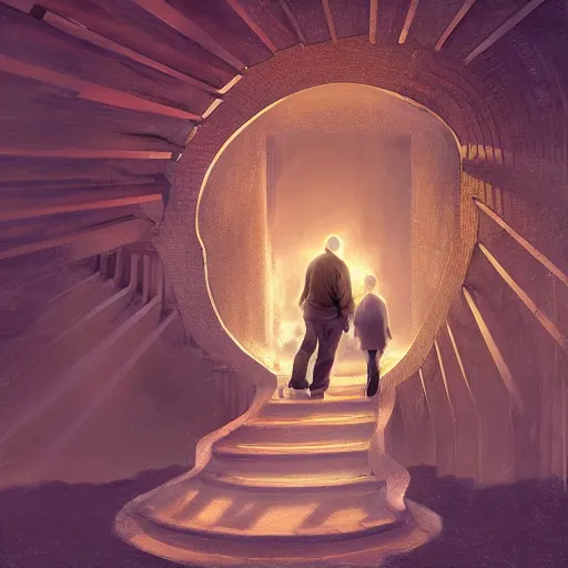 Image similar to a man going into heaven with his wife and children through stairs which is connecting magical world to heaven, realistic, concept art trending on artstation, glowing effect, golden ratio, rule of thirds, illustration, digital painting, hyperreal, hyperdetailed, 8k