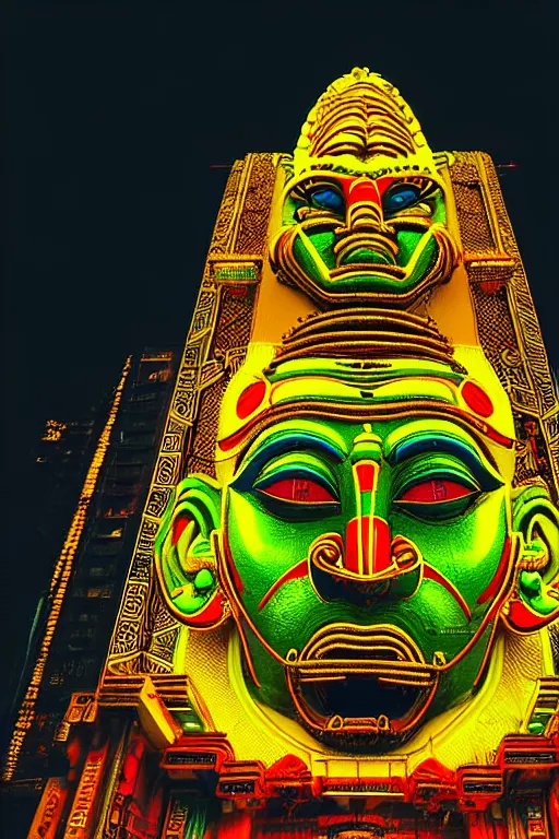 Prompt: high quality photo hyperrealistic cyberpunk hanuman head building, neon yellow madhubani, highly detailed, in sci - fi mumbai, cinematic smooth, lee madgwick & liam wong, moody light, low angle, uhd 8 k, sharp focus