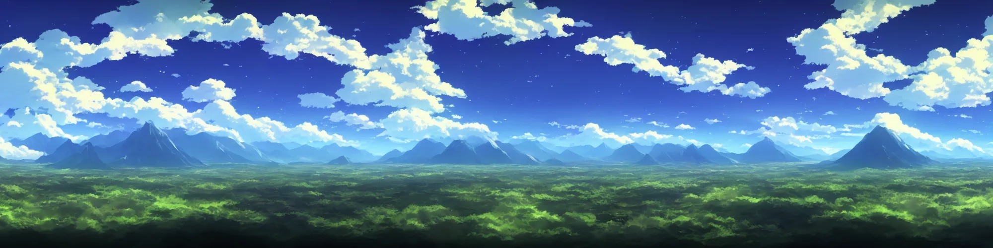 Image similar to panorama view of the sky. matte painting, anime, studio ghibli. professional digital painting, artstation, concept art, smooth, beautiful, cinematic. no mountains and trees.