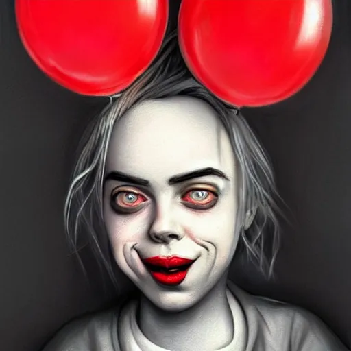 Image similar to surrealism grunge cartoon portrait sketch of billie eilish with a wide smile and a red balloon by - michael karcz, loony toons theme, pennywise theme, horror style, detailed, elegant, intricate