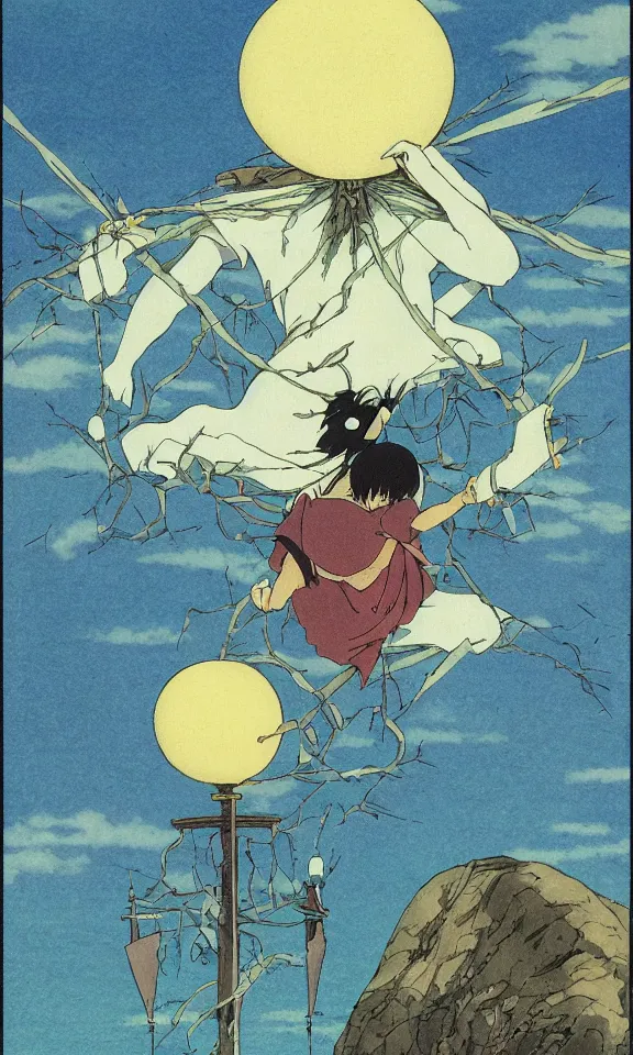 Prompt: Extremely beautiful tarot card, by Hayao Miyazaki, Studio Ghibli, anime, manga. Heart pierced by three swords. Dark clouds gathering in the background. Heartbreak, emotional pain, sorrow, grief, hurt, Negative self-talk, releasing pain, optimism, forgiveness