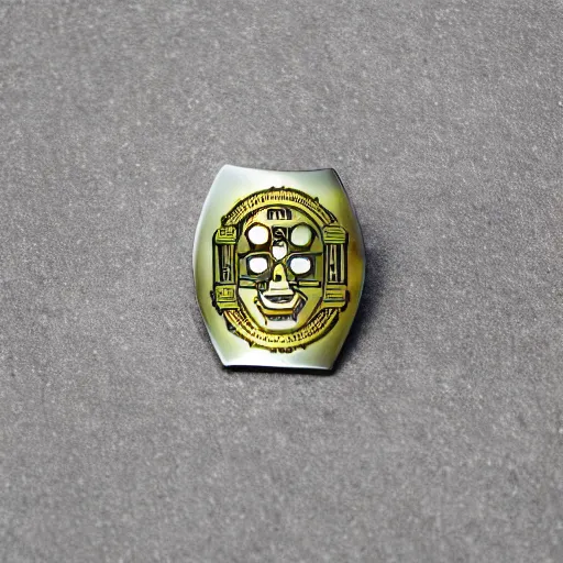 Image similar to transhumanism, metal badge with a hair clip