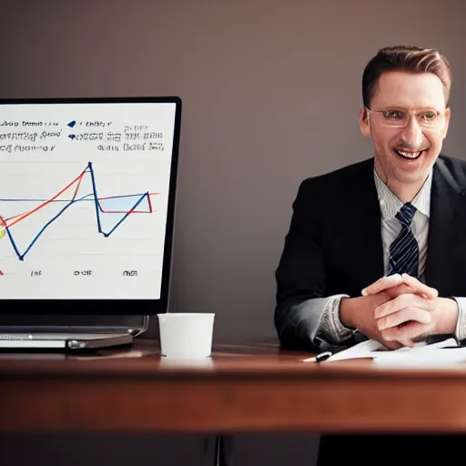 Image similar to hyperrealistic illustration cinematic hyperrealism happy businessman behind him is a statistical graph of high profits