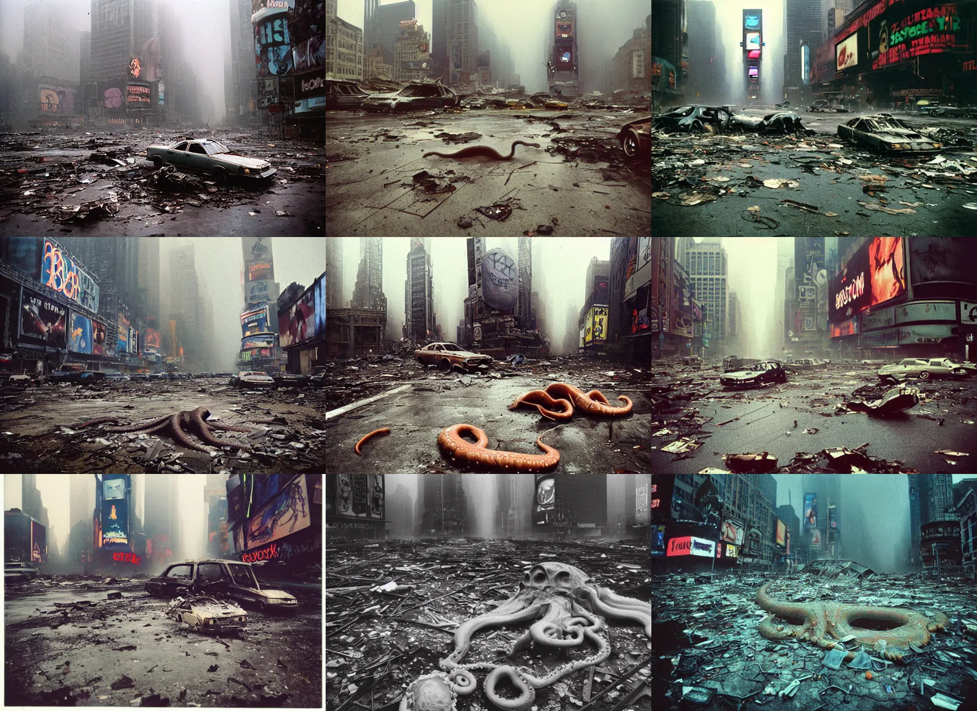 Prompt: giant octopus body lyong on the ground in postapocalyptic abandoned destroyed times square, wrecked buildings, destroyed flipped wrecked cars, polaroid photo, vintage, foggy, 1 9 8 5, neutral colors, very rainy day, wet reflective gound, stong backlighting, color photo by shawn heinrichs by brian skerry by gregory crewdson
