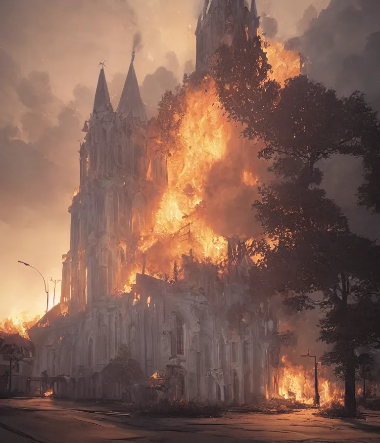Image similar to a beautiful hyperrealistic detailed 3D render of a burning church, by Anton Otto Fischer, Atey Ghailan, genzoman, unreal engine, octane render, gigantic, 3D, brilliantly coloured, intricate, ultra wide angle, trending on artstation, embers, smoke, dust, dusk, volumetric lighting, HDR, polished, micro details, ray tracing, 8k