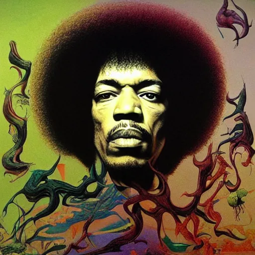 Prompt: colour masterpiece surreal closeup portrait photography of jimi hendrix by miho hirano and annie leibovitz and michael cheval, weird surreal epic psychedelic complex biomorphic 3 d fractal landscape in background by kilian eng and roger dean and salvador dali and beksinski, 8 k