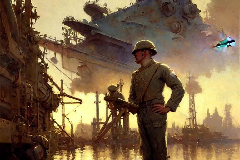 Image similar to us soldier in shipyard dieselpunk painting by gaston bussiere, craig mullins, j. c. leyendecker