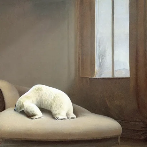 Prompt: polar bear sitting on a couch in the living room by george stubbs, artstation, oil on canvas