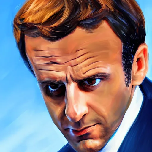 Image similar to digital art portrait of emmanuel macron with robot ears falling in the sun, 4k, sharp focus, Andreas Rocha